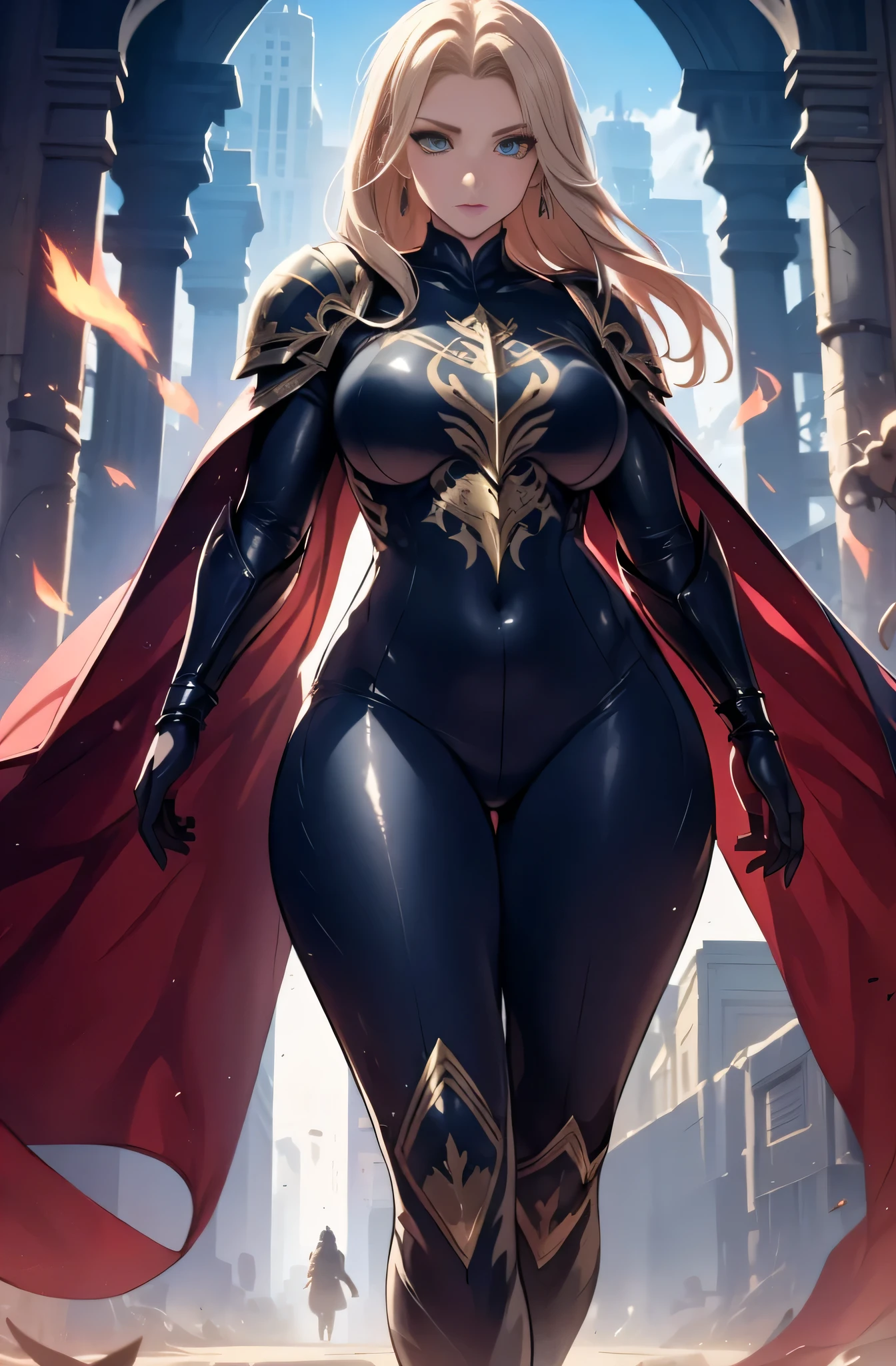 high priestess，Robe，mature woman, female，voluptuous figure，tightsuit，blonde hair, Female, alone, paladin of light, human, light powers, expert fighter, detailed eyes, beautifull face, long hair, defined body, yellow and bright eyes, thick legs, strong legs, tall, Voluptuous legs, black armor, female paladin, huge ass, big hip, big ass, wearing black coat, black and red robes, detailed eyes, big hips, medium armor, tall girl, ,