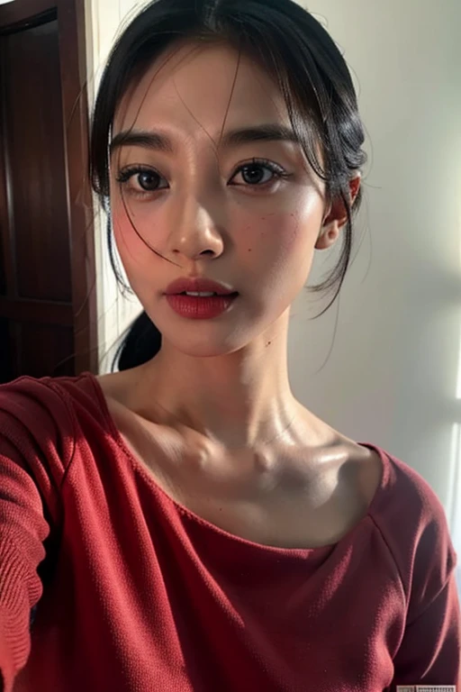 Fashion model 30 years old [[[[Close-up]]]], [[[[Boobgasm]]]], [[[[collect]]]], [[[[shoulder]]]], perfect eyes, perfect iris，perfect lips，perfect teeth，perfect skin，with white skin，long face，thin nose，soft front light，HDR，movie girl，black and red clothes，casual，An ancient Chinese bedroom in the background，Ancient bed，（pastel colour：1.2）