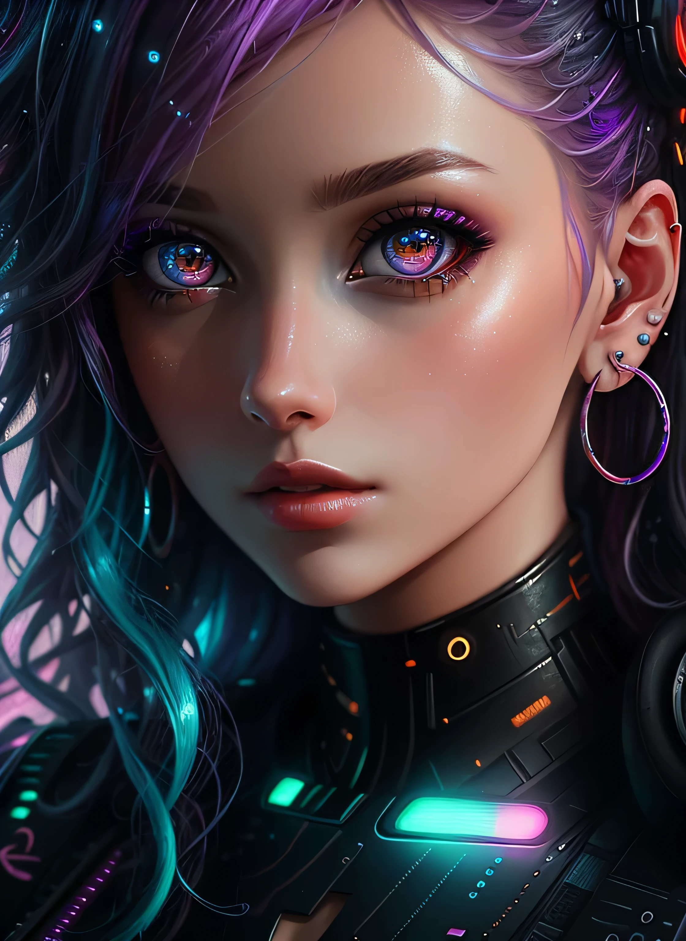 ((best quality)), ((masterpiece)), ((realistic)), (detailed), (1 girl) Close-up of woman with colorful hair and piercings, dreamy cyberpunk girl, 4K high-detail digital art, stunning digital illustration, stunning 8K artwork, colorful digital fantasy art, colorful and dark, beautiful digital artwork, colorful digital painting, cyberpunk digital anime art, portrait of a girl with  luminous wave, 8K HD digital wallpaper art, gorgeous digital painting