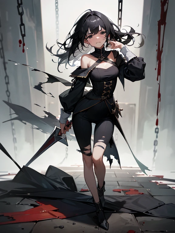 full body, black hair, shoulder length hair, black eyes, small breasts, detailed background, highres, highly detailed face, Detailed eyes, good proportions, pained expression, pained grimace, crying, visible tears, open mouth, bruises, death row, public execution, town square, guillotine, bloodstains, blood, iron chains, handcuffs, messy hair, torn outfit, public shaming, public humiliation