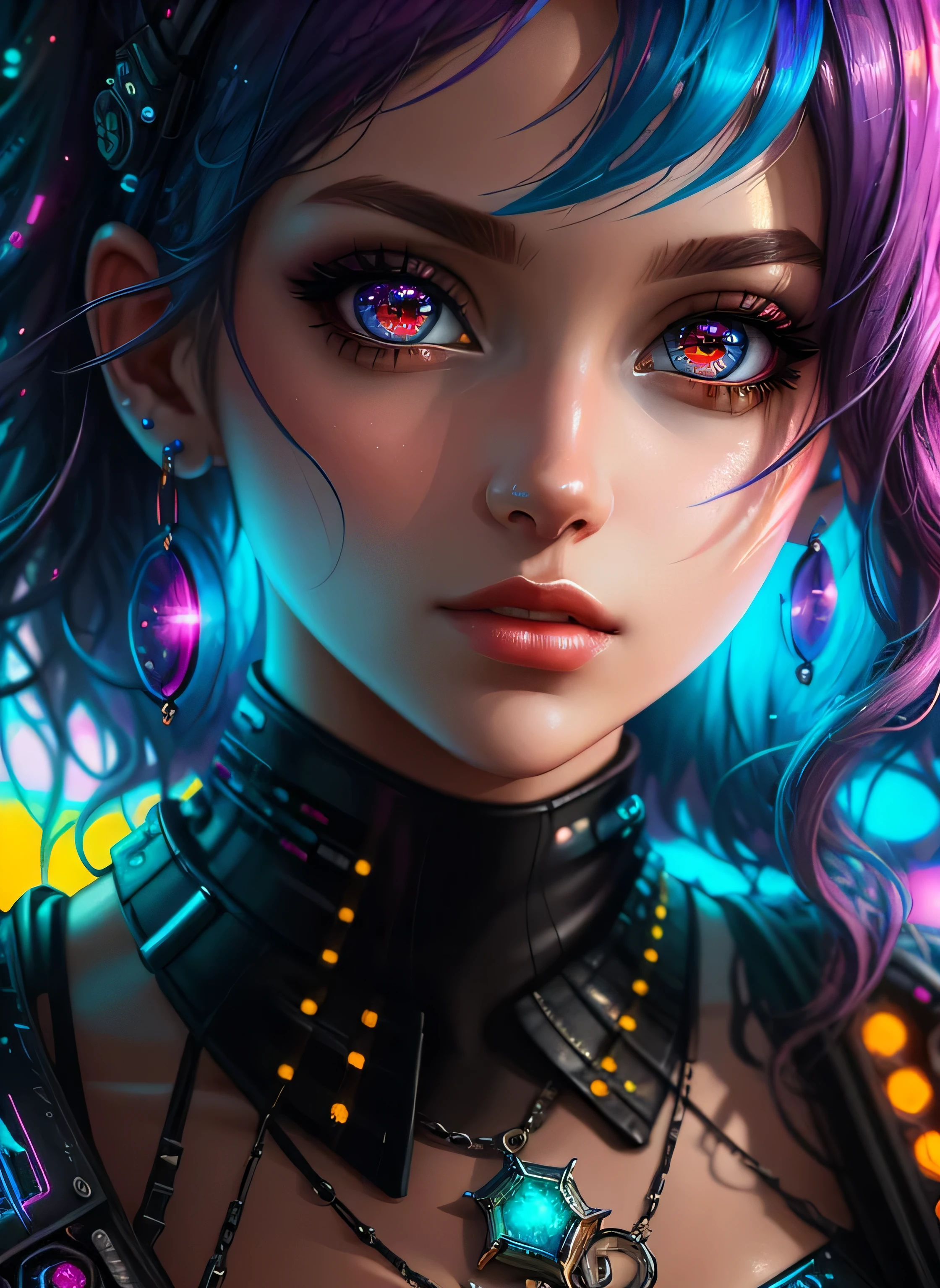 ((best quality)), ((masterpiece)), ((realistic)), (detailed), (1 girl) Close-up of woman with colorful hair and piercings, dreamy cyberpunk girl, 4K high-detail digital art, stunning digital illustration, stunning 8K artwork, colorful digital fantasy art, colorful and dark, beautiful digital artwork, colorful digital painting, cyberpunk digital anime art, portrait of a girl with luminous wave, 8K HD digital wallpaper art, gorgeous digital painting