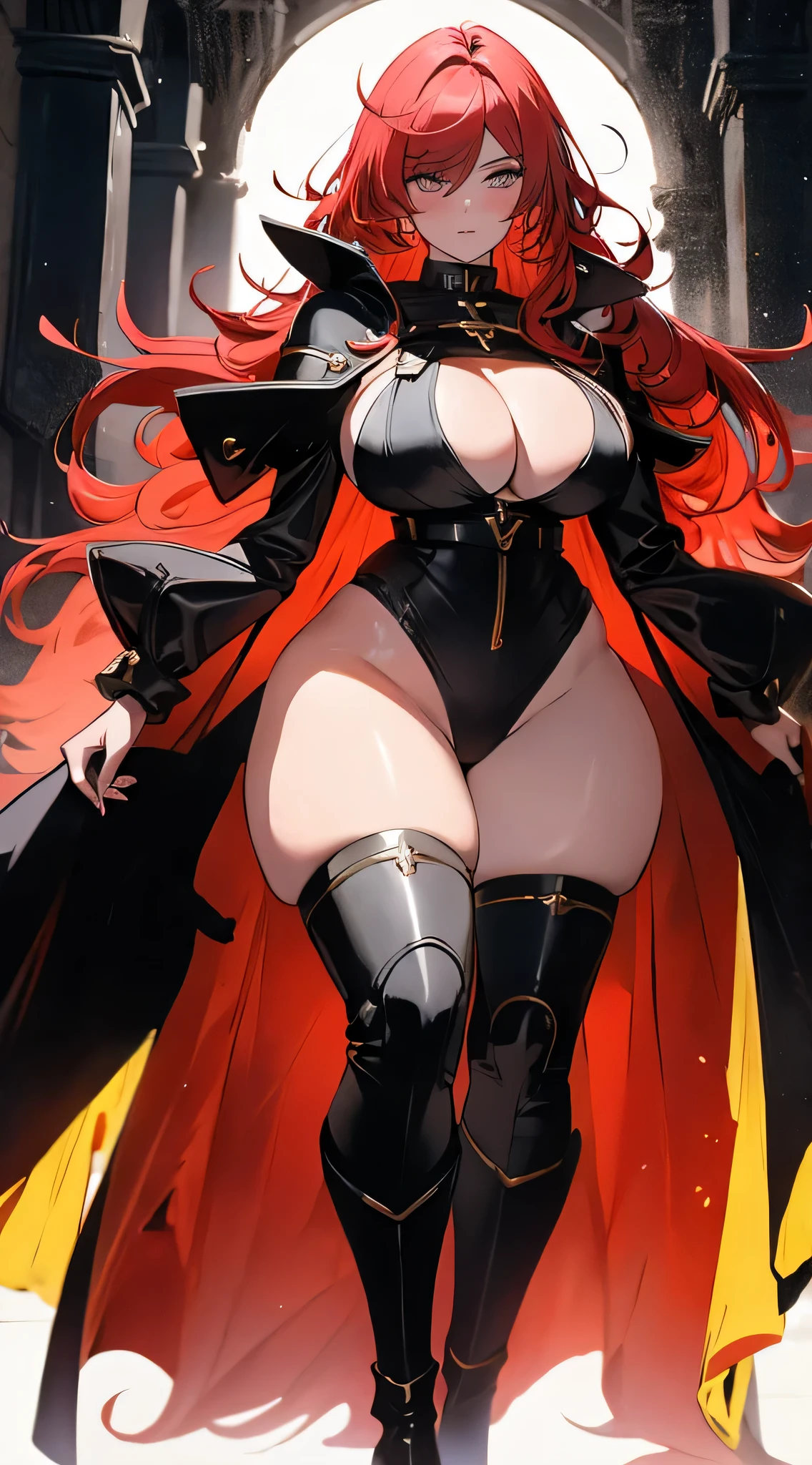 Female, alone, paladin of light, human, light powers, expert fighter, red hair, detailed eyes, beautifull face, long hair, defined body, yellow and bright eyes, thick legs, strong legs, tall, Voluptuous legs, black armor, palading black armor, huge ass, big hip, big ass,  wearing black coat, black and red robes, detailed eyes, big hips, thick body type, tall