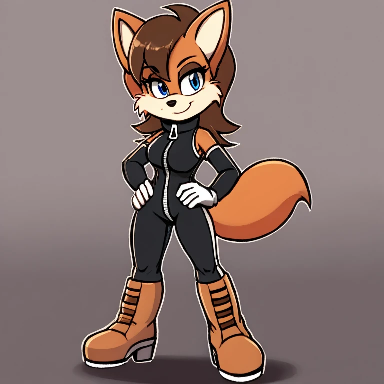 Fiona Fox, solo, cute, long white gloves, breasts, blue eyes, boots, zipper, outline, standing, bangs, full body, brown hair, orange footwear, medium breasts, sleeveless, long hair, looking at viewer, border, white outline, red fur, half-closed eyes, short jumpsuit, elbow gloves, fox tail, two-tone fur, smile, hairband, closed mouth, shiny, flipped hair, gradient, fox ears, bodysuit, bare shoulders, body fur, grey background, knee boots, simple background