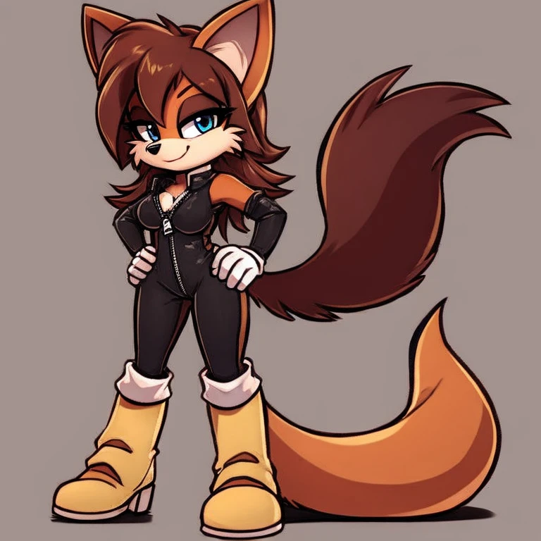 Fiona Fox, solo, cute, long white gloves, breasts, blue eyes, boots, zipper, outline, standing, bangs, full body, brown hair, orange footwear, medium breasts, sleeveless, long hair, looking at viewer, border, white outline, red fur, half-closed eyes, short jumpsuit, elbow gloves, fox tail, two-tone fur, smile, hairband, closed mouth, shiny, flipped hair, gradient, fox ears, bodysuit, bare shoulders, body fur, grey background, knee boots, simple background