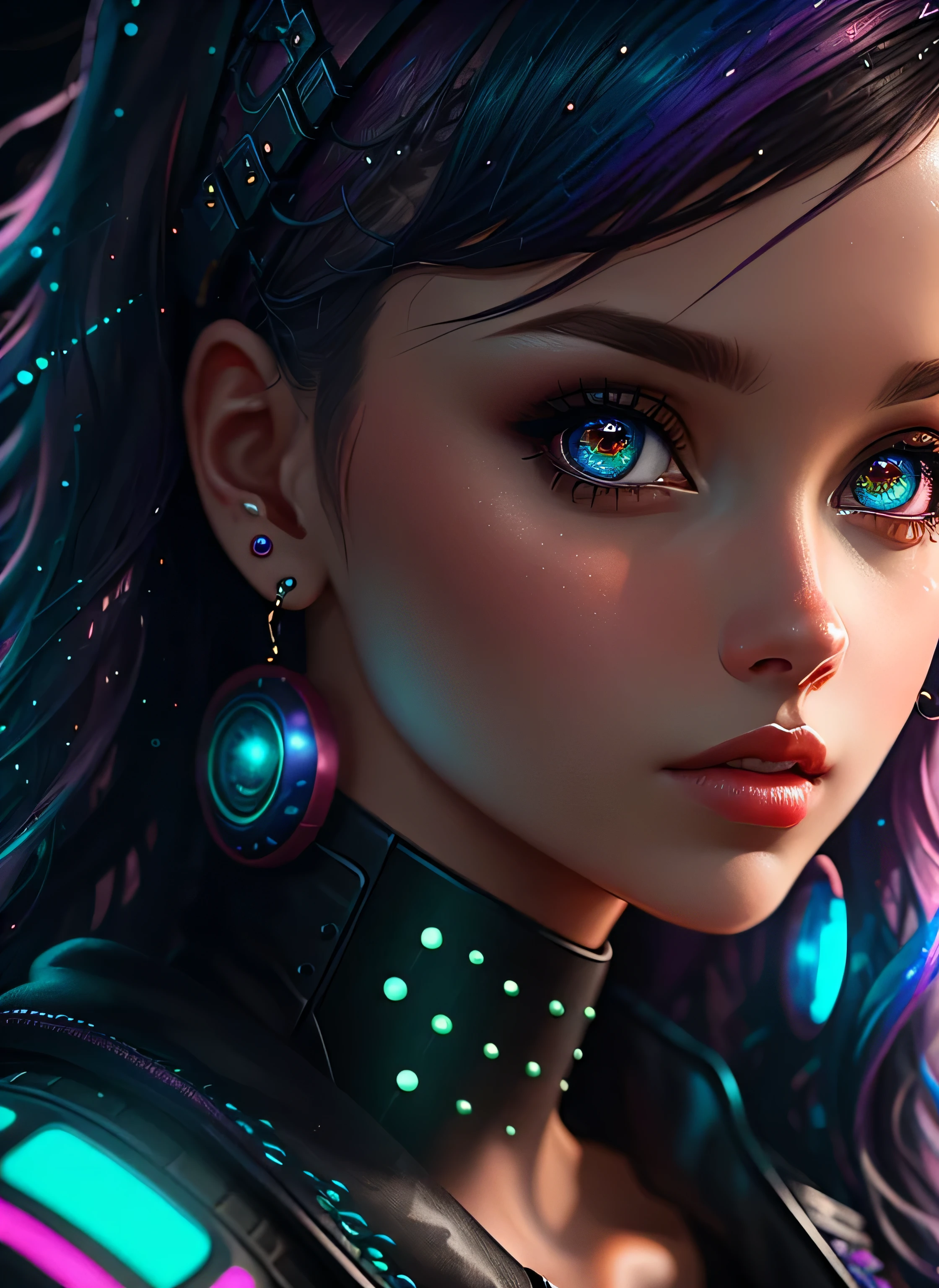 ((best quality)), ((masterpiece)), ((realistic)), (detailed), (1 girl) Close-up of woman with colorful hair and piercings, dreamy cyberpunk girl, 4K high-detail digital art, stunning digital illustration, stunning 8K artwork, colorful digital fantasy art, colorful and dark, beautiful digital artwork, colorful digital painting, cyberpunk digital anime art, portrait of a girl with  luminous wave, 8K HD digital wallpaper art, gorgeous digital painting
