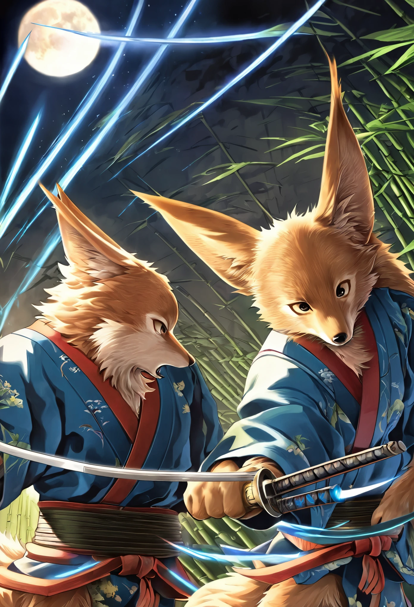 Top quality ultra-fine illustrations, movie posters, Zatoichi, Blind Swordsman (bamboo forest, dark night with beautiful full moon, rays of light through bamboo, backlighting, Tyndall phenomenon) (beautiful face and eyes, down to the details) Absurd perfect anatomy ((Beastman))) (furry, pairs, boy with girls on his back, Japan kimono, ninja, sword with blue flames, battle duels, concentration lines)((((((Furry body, animal facial features, animal body features)))) (((((Highly detailed fur))))) full body, sturdy look, shouting, combat regime (dynamic pose),