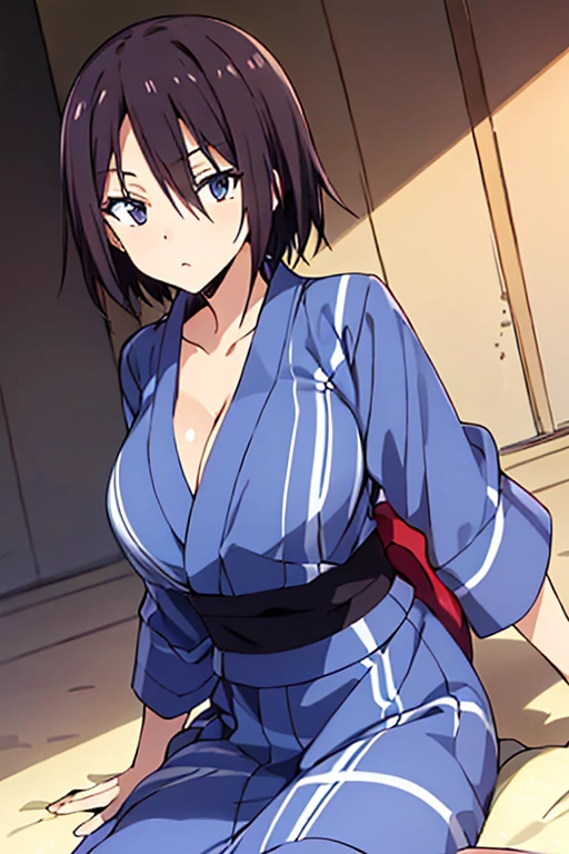 (anime cels style, best quality, high resolution, anime colored, megami magazine:1.2, anime poster style, sharp, 8k), (beautiful eyes:1.5), sakaguchihinata\(ttigraas\), 1girl, cute, black hair, short hair, large breast, cleavage, (haoli, yukata:1.5), cowboy shot, from below, (sitting, seiza), (perfect detailed anatomy, perfect arms, perfect fingers, beautiful face, perfect body, shiny skin), 