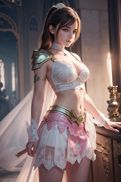 Emma Watson sexy woman in a white gold and pink lotus lace armor skirt, chengwei pan on artstation, by Yang J, detailed fantasy art, stunning character art, fanart best artstation, epic exquisite character art, beautiful armor, extremely detailed artgerm, detailed digital anime art, artgerm on artstation pixiv, armor girl, cleavage big breasts:1.2, (mini skirt:1,5)