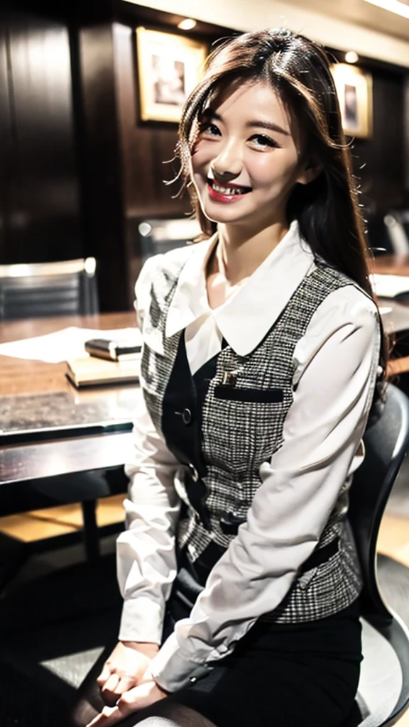 Ulchan-6500-v1.1, (Raw photo:1.2), (Photoreal), beautiful detailed girl, (genuine: 1.4), very detailed目と顔, beautiful and detailed eyes, Mr..々Patterned vest、sitting on a chair in a busy office、(Sit with your feet together:1.3)、(super realistic pantyhose:1.2), (high heels)、(business services)、(very affectionate smile:1.2)、huge file size, High resolution, very detailed, highest quality, [masterpiece:1.6], enlightenment, very detailed, finely, highest quality, 8k wallpaper, movie lighting, 1 girl, 26 years old, perfect body shape, Cute droopy eyes、beautiful big eyes、highest quality, 1 girl, eye shadow, ((full body shot:1.3))、