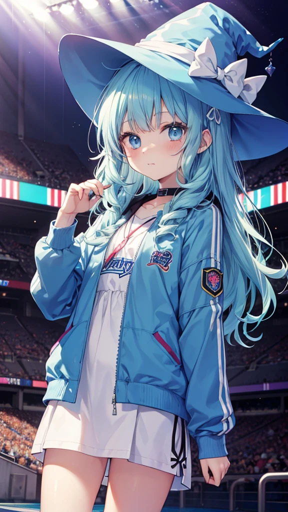kawaii anime style,kawaii shota,kawaii light blue clothes and light blue hat,kawaii witch shota,light blue long loose hair,kawaii face,
wearing a stadium idol jacket over clothes,