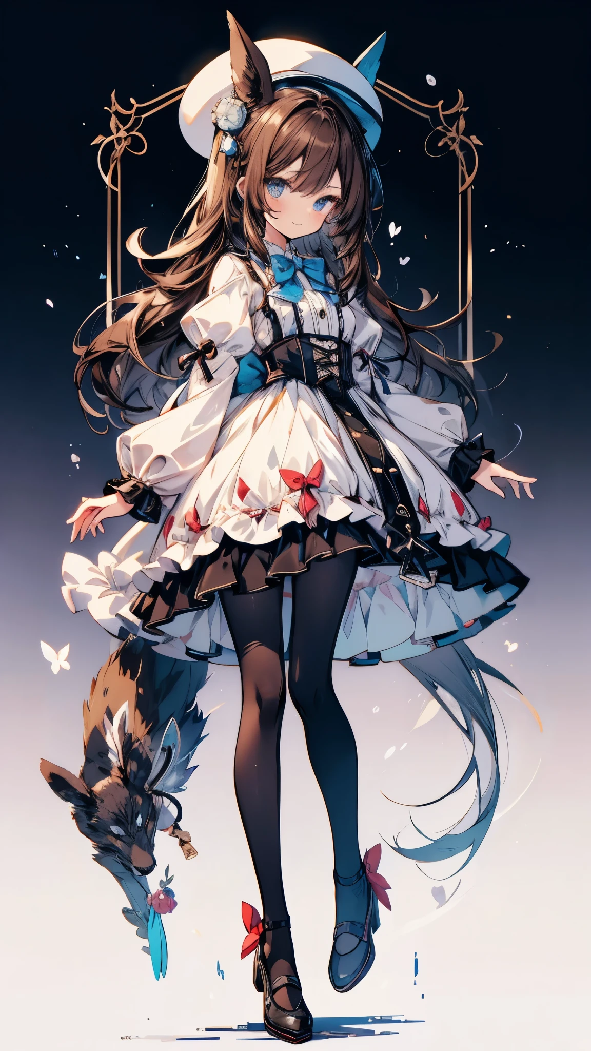 The photo is a cartoon-style image of a female protagonist and her pet., alone, 1 girl, dress, long hair, have, full body, blue eyes, bow, top have, mini have, mini top have, shine, side lock, brown dress, white pantyhose, very long hair, smile, looking at the viewer, simple background, bowtie, frills, bangs, brown hair, frilled dress, white background, pantyhose, closed mouth, Are standing, shoes