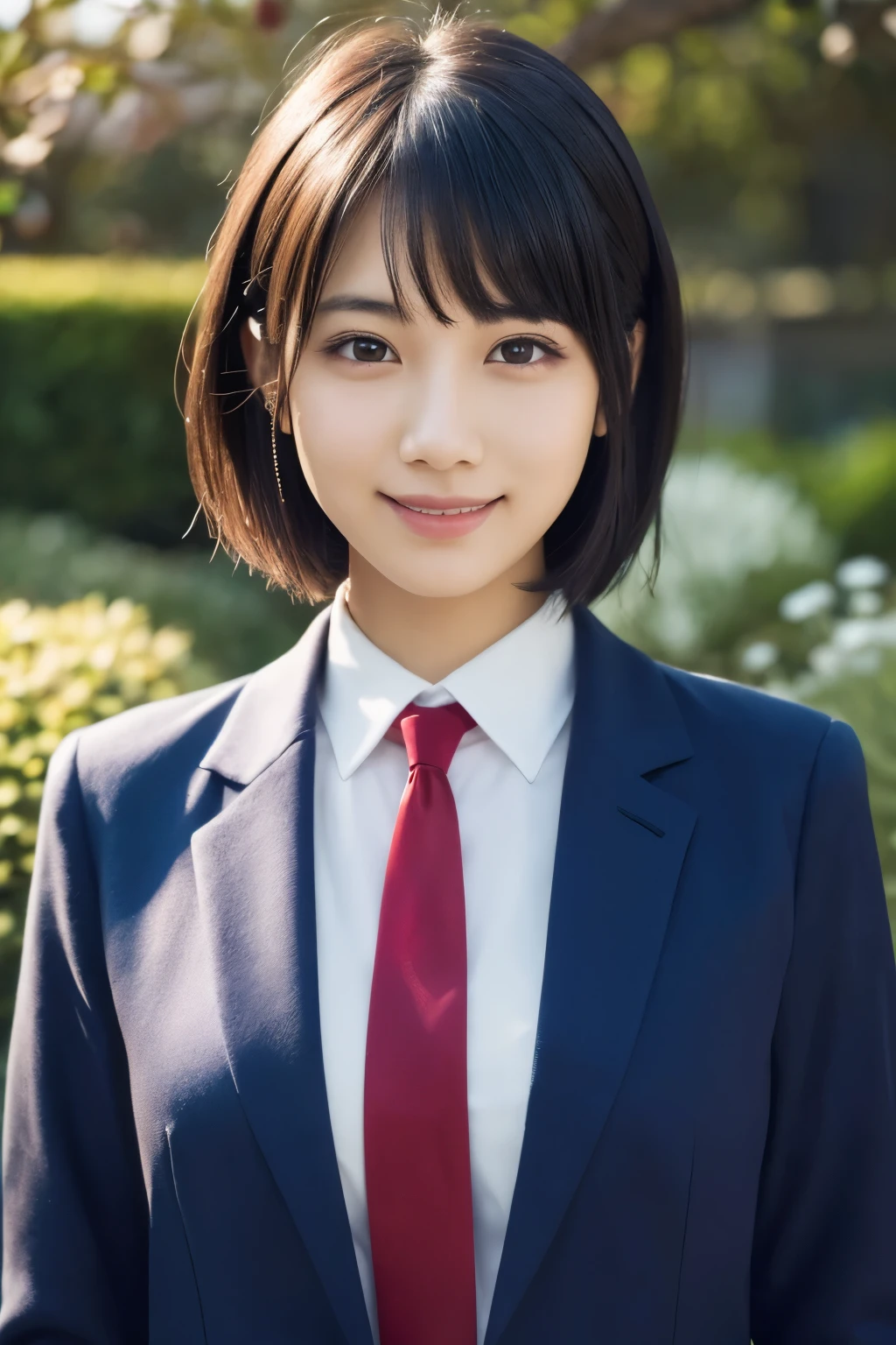 1 girl, (White collared shirt with long red tie, Navy blue jacket:1.3), Very beautiful Japanese idol portraits, 
(Raw photo, highest quality), (realistic, Photoreal:1.4), (masterpiece), 
very delicate and beautiful, very detailed, 2k wallpaper, wonderful, finely, very detailed CG Unity 8K 壁紙, Super detailed, High resolution, soft light, 
beautiful detailed girl, very detailed目と顔, beautifully detailed nose, finelyて美しい目, cinematic lighting, 
(in the garden:1.3),
(short hair), (parted bangs), 
complete anatomy, slender body, small breasts, smile