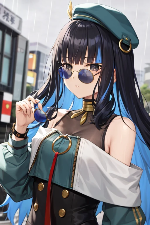 masterpiece, best quality, 1 girl, TlalocStage2, striped hair, black hair, blue hair, colorful hair, bicolor hair, long hair, Bangs, sunglasses, bare shoulders, Berets, long sleeve, Upper body, alone, rain, Tokyo city background