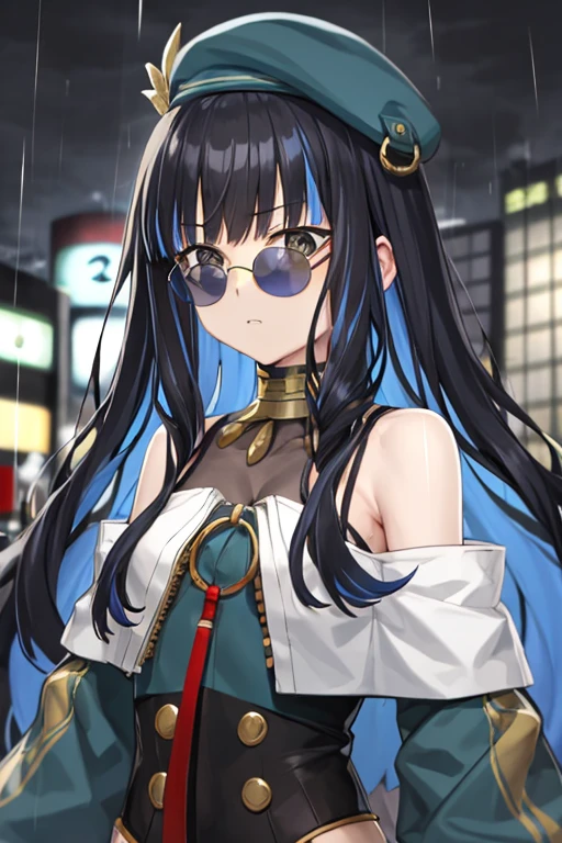 masterpiece, best quality, 1 girl, TlalocStage2, striped hair, black hair, blue hair, colorful hair, bicolor hair, long hair, Bangs, sunglasses, bare shoulders, Berets, long sleeve, Upper body, alone, rain, Tokyo city background