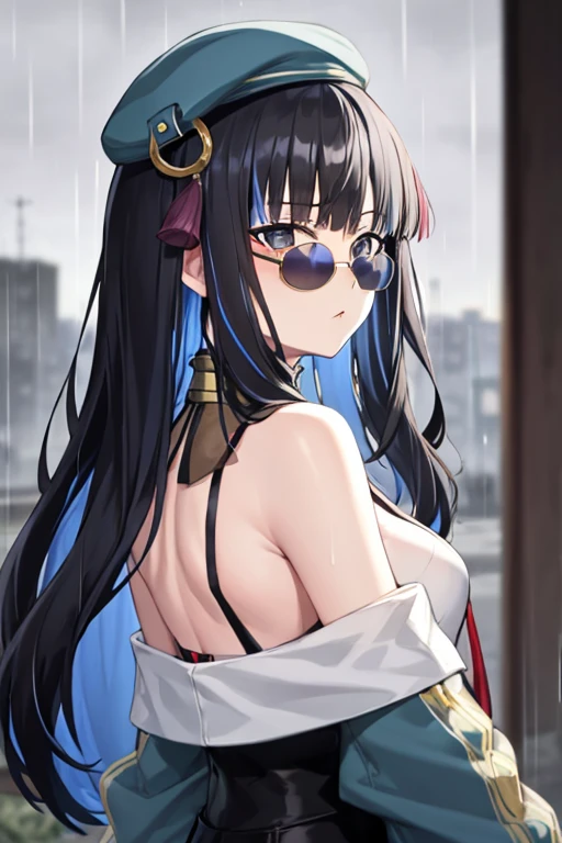 masterpiece, best quality, 1 girl, TlalocStage2, striped hair, black hair, blue hair, colorful hair, bicolor hair, long hair, Bangs, sunglasses, bare shoulders, Berets, long sleeve, Upper body, alone, rain, Tokyo city background