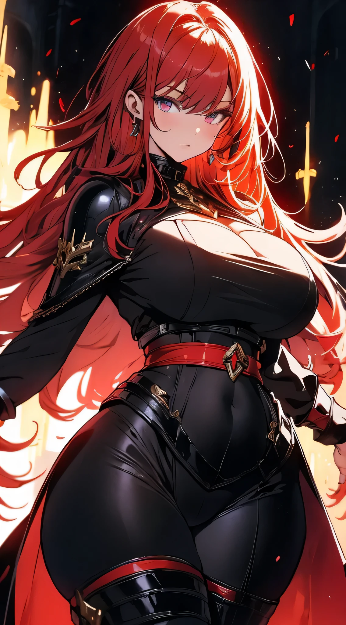 Female, alone, paladin of light, human, light powers, expert fighter, red hair, detailed eyes, beautifull face, long hair, defined body, yellow and bright eyes, thick legs, strong legs, tall, Voluptuous legs, black armor, palading black armor, huge ass, big hip, big ass,  wearing black coat, black and red robes, detailed eyes, big hips, thick body type, tall