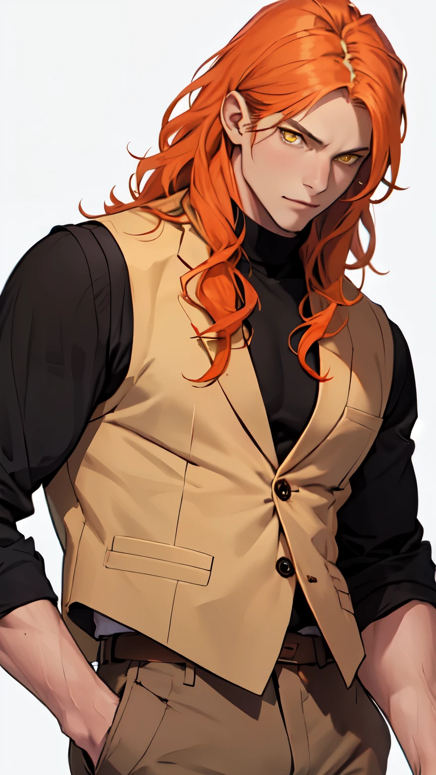 (1adult male, chest long orange hair, yellow eyes, white button up, brown vest, brown pants) simple background