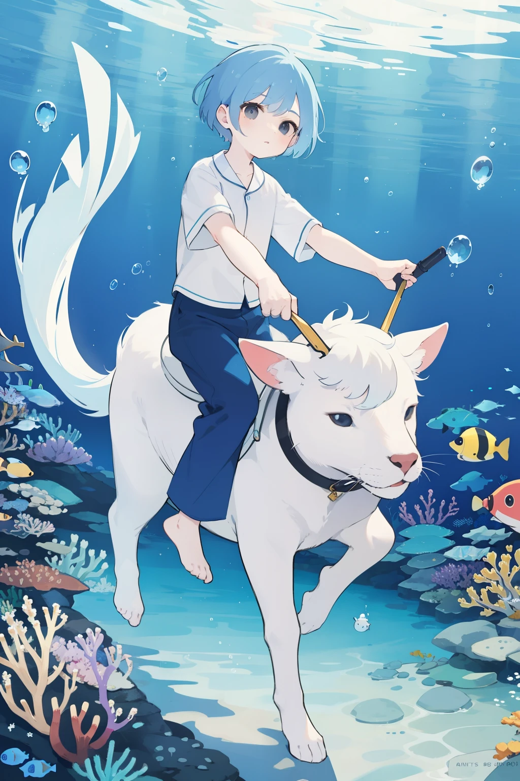 Under the sea, Black Eyes, blue hair, male character, Pajamas, Short hair, cetus, riding