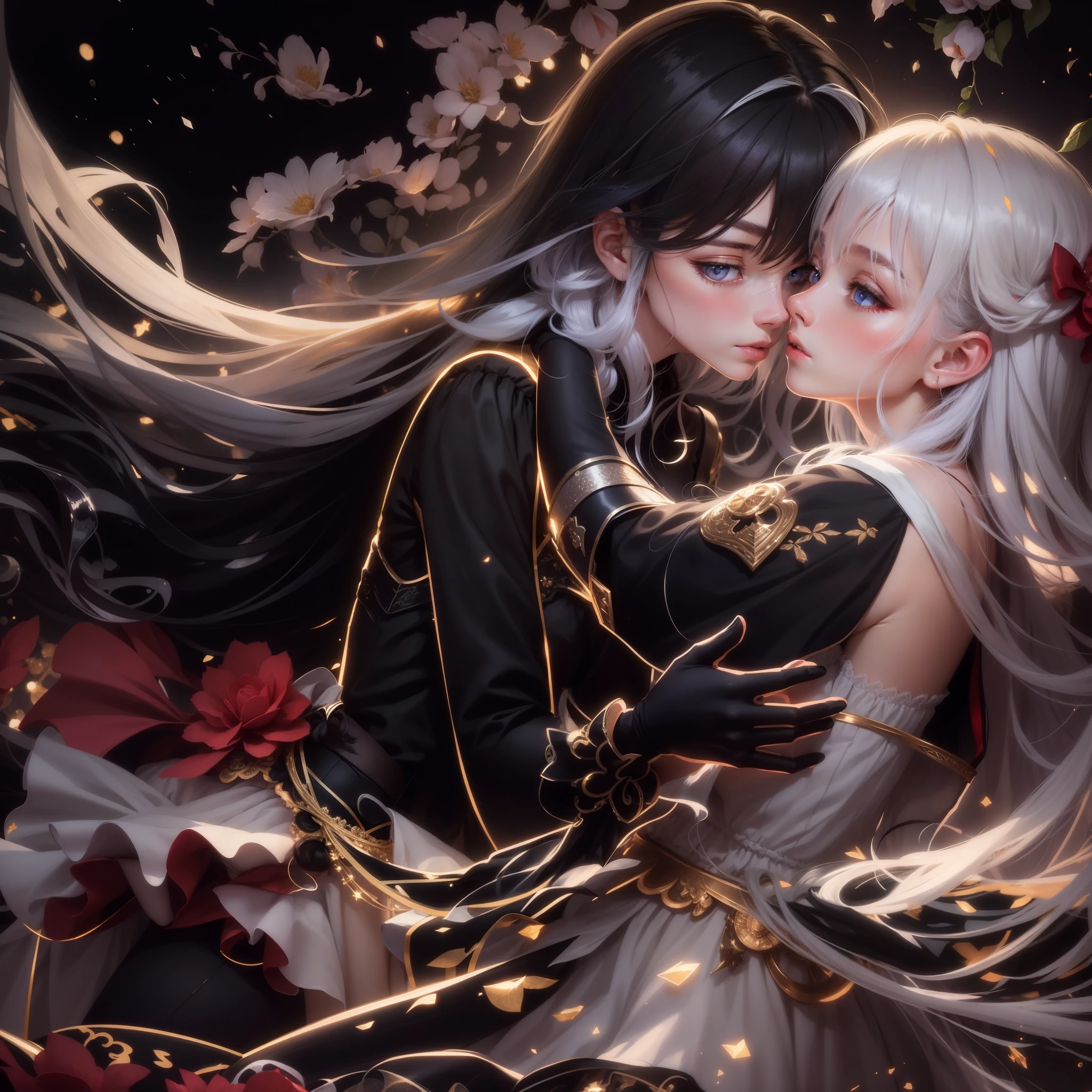 Two girls in dresses looked at each other and leaned together to kiss, one with black hair and red pupils, the other with white hair and golden pupils, with a delicate face and a shy expression, with a starry sky in the background, and the whole body