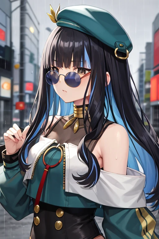 masterpiece, best quality, 1girl, tlalocstg2, streaked hair, black hair, blue hair, multicolored hair, two-tone hair, long hair, bangs, sunglasses, bare shoulders, beret, long sleeves, upperbody, solo, rain, tokyo city background