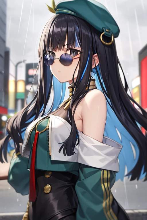 masterpiece, best quality, 1girl, tlalocstg2, streaked hair, black hair, blue hair, multicolored hair, two-tone hair, long hair, bangs, sunglasses, bare shoulders, beret, long sleeves, upperbody, solo, rain, tokyo city background