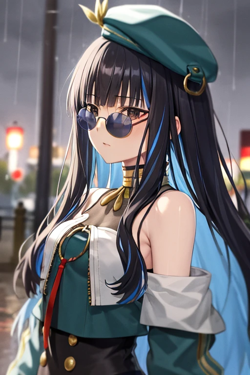 masterpiece, best quality, 1girl, tlalocstg2, streaked hair, black hair, blue hair, multicolored hair, two-tone hair, long hair, bangs, sunglasses, bare shoulders, beret, long sleeves, upperbody, solo, rain, tokyo city background