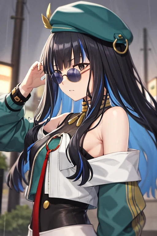 masterpiece, best quality, 1girl, tlalocstg2, streaked hair, black hair, blue hair, multicolored hair, two-tone hair, long hair, bangs, sunglasses, bare shoulders, beret, long sleeves, upperbody, solo, rain, tokyo city background