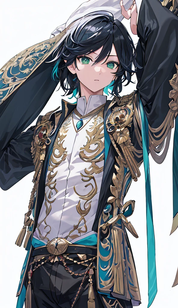 upper body,solo,1boy,{{{looking at viewer}}},upright,arms of side,concept art.white background,simple background,multicolor hair,black hair,streaked hair,detailed hair,green eyes,detailed eyes,detailed face,complex cloth,virtual youTuber,best quality,master piece,irrigation,ultra-detailed,all detailed,intricate detailed,extremely detailed,depth of field,klmono,shoot from front,8k,