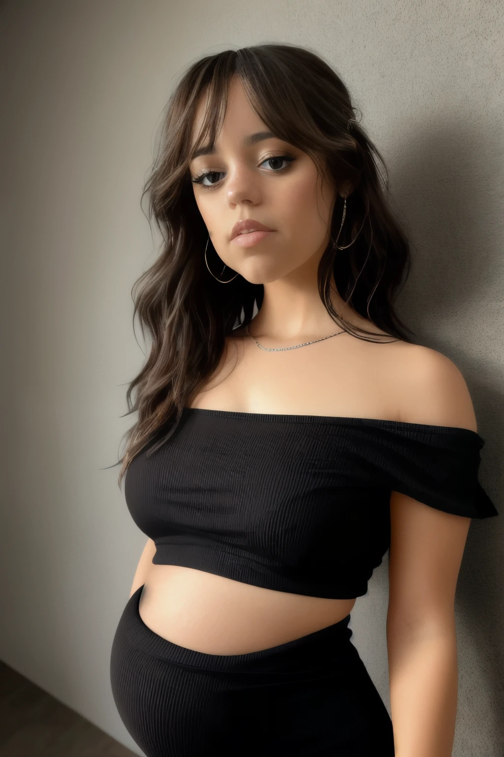 JennaOrtega Masterpiece, high quality, 4K, beautiful design, bright, pregnant, big pregnant belly, side, award-winning photo, extremely detailed, amazing, fine details, absurd, highly detailed, extremely detailed eyes and face, by lee jeffries nikon d850 film stock photography 4 kodak camera portra 400 lens f1.6 rich colors realistic texture hyper realistic dramatic lighting unrealengine trend in artstation cinestill 800 tungsten, 1girl, solo, expressive look, (smiling seductively, puffy lips) HDR, high quality, sexy dress, sharp focus, looking in the viewer, facing the viewer, 4k, beautifully detailed emerald green eyes, a woman in a short top (((black))) standing in front of a wall, short top, wearing a short black top, full body,