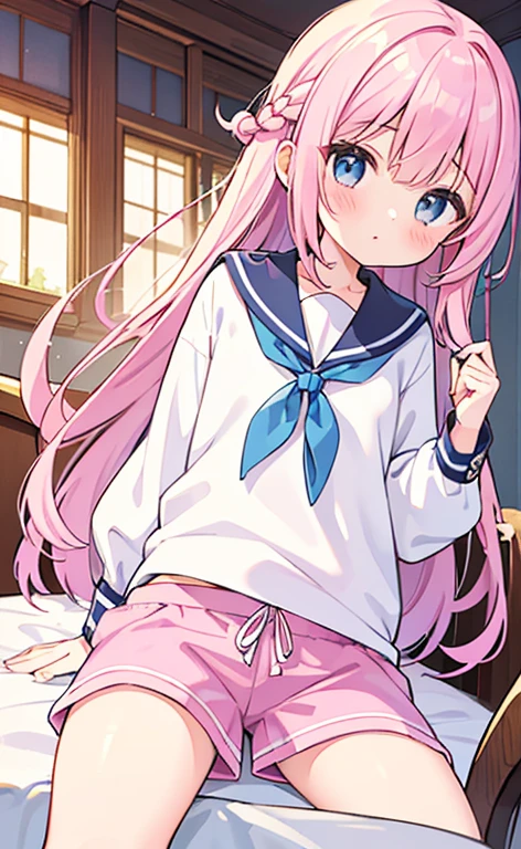 beautiful illustrations, highest quality, (12 year old girl:1.4)、(pretty girl：1.5)、、flat chest、sailor collar、(White long tunic)、long sleeve sailor suit、Blue-line cuffs、(pink chino shorts：1.4)、(pink shorts with wide opening：1.2)、Gap between thigh and pants、slim thighs、white socks、 cinematic lighting, (pink long hair)、Pink Straight Hair、redness of cheeks、(Braiding of the back of the head)