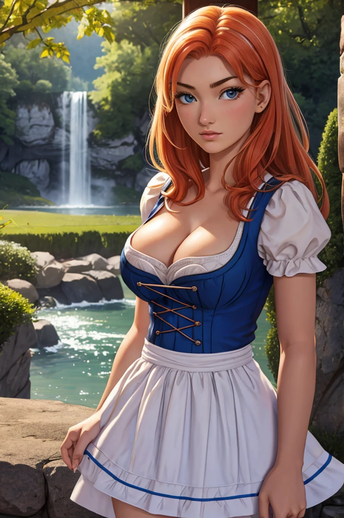 1girl, (Skyler Samuels:1.2), realistic, photorealistic, graphic novel, impossible clothes, freckled face. thick lips, full lips, big lips, (surprised:1.2), (shocked:1.2), [red hair, two-tone hair, shiny hair, sunbeam, god-rays, bursting breasts, ambient light, rim-light, rimlighting, backlighting, realistic, (photorealistic:1.1), (lineart:0.8) irndl, a woman in traditional bavarian dress Standing poses for a picture , german woman, wearing a dirndl, massive cleavage. frekcled cleavage,