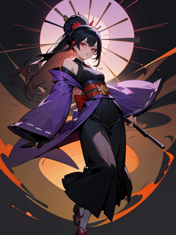 full body, black hair, shoulder length hair, black eyes, small breasts, detailed background, highres, highly detailed face, Detailed eyes, good proportions, taisho fashion, purple kimono, determined expression, bloodstains, eyes full of rage, 