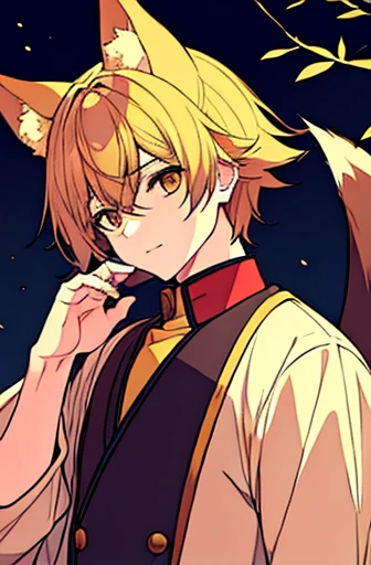 a boy with a human body, he has fox ears and a tail, he is near a tree waving goodbye with his hand