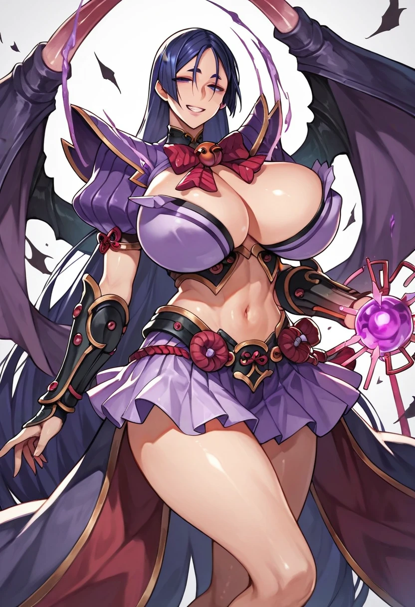 score_9,score_8_up,score_7_up,score_6_up,score_5_up,1girl, minamoto_no_raikou_\(fate\), light smile,huge breasts,long hair,purple hair,thick thighs,corruption,empty eyes,half-closed eyes,evil smile,no pupils,evil grin,combatant,dark magical girl,layered skirt,showgirl skirt