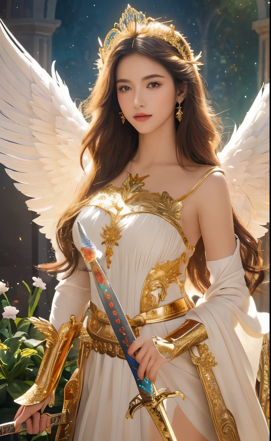 A woman dressed in a white dress holding a sword and a sword - SeaArt AI