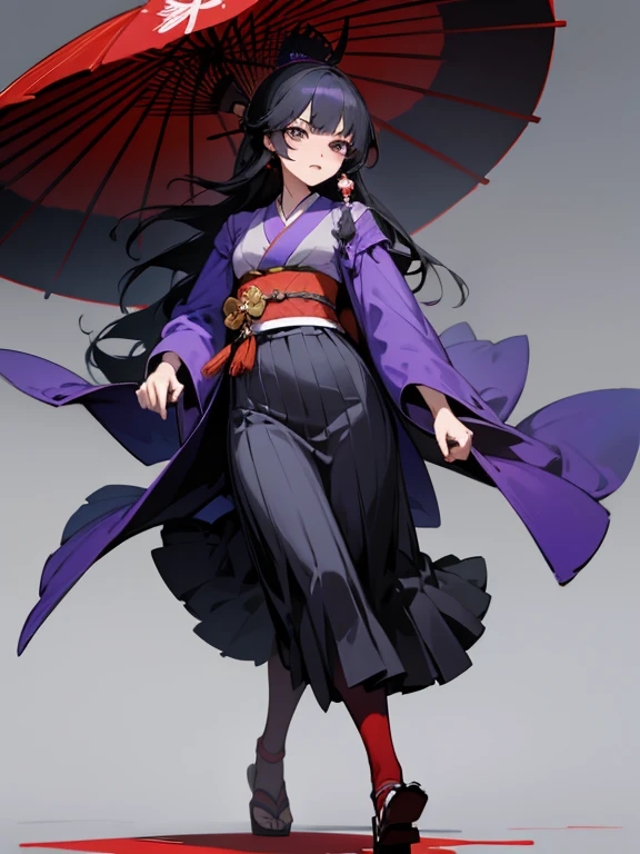 full body, black hair, shoulder length hair, black eyes, small breasts, detailed background, highres, highly detailed face, Detailed eyes, good proportions, taisho fashion, purple kimono, determined expression, bloodstains, eyes full of rage, japanese medieval town, street, walking