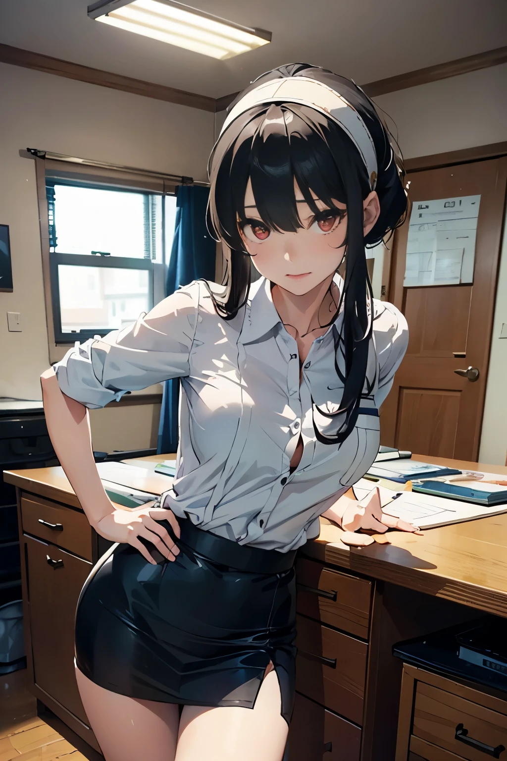 masterpiece、highest quality、High resolution、1 girl、her room、(alone)、beautiful long black hair、Bright red eyes、blush、shy、slender、((Side boobs))、take your eyes off、thin legs、thin thighuscular、(aayorf、white hair band、jet black hair、Black slit skirt、pencil skirt, collared shirt)、((sexual pose、Drawing Model Pose、standing in the room))、Photographing the subject from below、Panty shot、((white panties))、Aggressively exercising、sitting at the desk