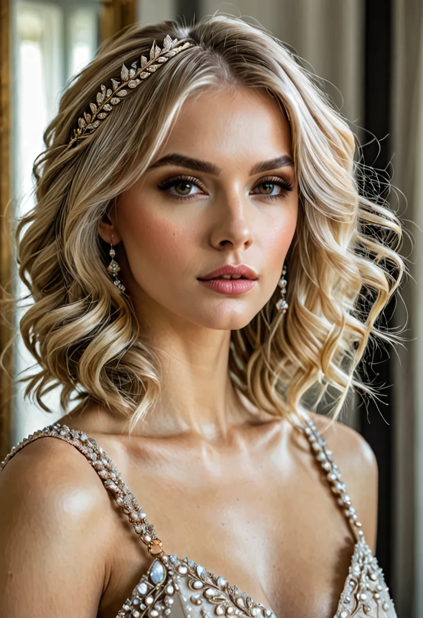 Mujer rubia con el cabello atado, maquillada frente a un espejo, realista, detallado, estilo princesa, se peina