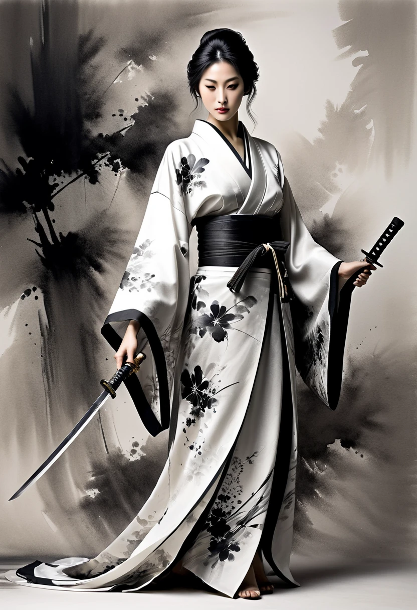 ((full body):1.2), smooth lines; Express expressions and postures through ink contrast, The background is a sakura garden. emphasize light, shadow and space. Drawing of Female Samurai, Supermodel Japanese Beauty. Black hair, (messy bangs hairstyle), ((maiden)), golden ratio face, perfect face, (attractive body), (fashion model body), ((wearing samurai robe):1.1), ((samurai battle stance):1.1), ((a Wakizashi dagger):1.1), fine art piece, figurative art, Dress neatly. sexy painting, Wallop | (best quality, 4K, 8k, high resolution,masterpiece:1.2), Super detailed,(actual, photoactual, photo-actual:1.37).