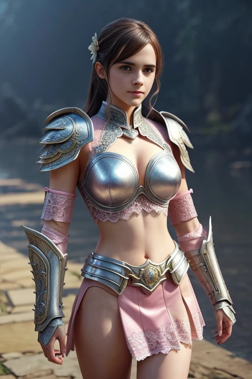 Emma Watson sexy woman in a white gold and pink lotus lace armor skirt, chengwei pan on artstation, by Yang J, detailed fantasy art, stunning character art, fanart best artstation, epic exquisite character art, beautiful armor, extremely detailed artgerm, detailed digital anime art, artgerm on artstation pixiv, armor girl, cleavage big breasts:1.2, (mini skirt:1,5)