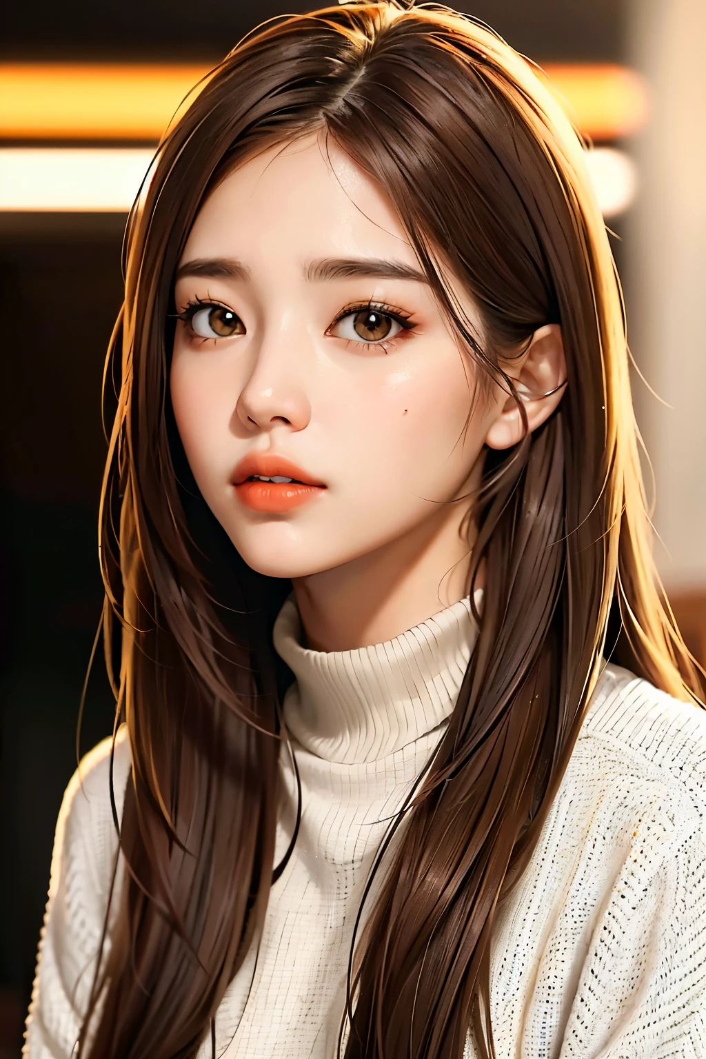Girl, long brown hair, Gray eyes, cold features, white skin, orange lips, sweater, jacket