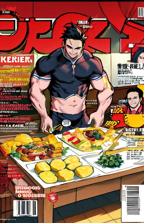 Apenas Masculino na imagem gerada,(Melhor qualidade, obra de arte), Capa da Revista men's Culinary, 1 homem idoso, 65 anos de idade, Incredible, fofinho, Um sorriso comovente, comida deliciosa, personagem, graphics, advertisment, magazine title,Ray tracing，Hyper-detailed description。 --v6, Just plump, chubby, extremely thick thighs, large belly 