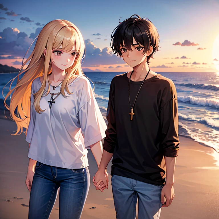 A place on the beach, at that time it was sunset, there were waves, there was a handsome teenage boy, straight hair with an undercut style, brown eyes, a sweet smile,Wearing a white shirt and jeans, has a cross chain, he is holding a woman's hand, the girl is wearing a white shirt and jeans too, has a cross chain, her hair is straight and flown by the wind,Having a beautiful face, a sweet smile, they both stood facing the beach, only their heads turned back
