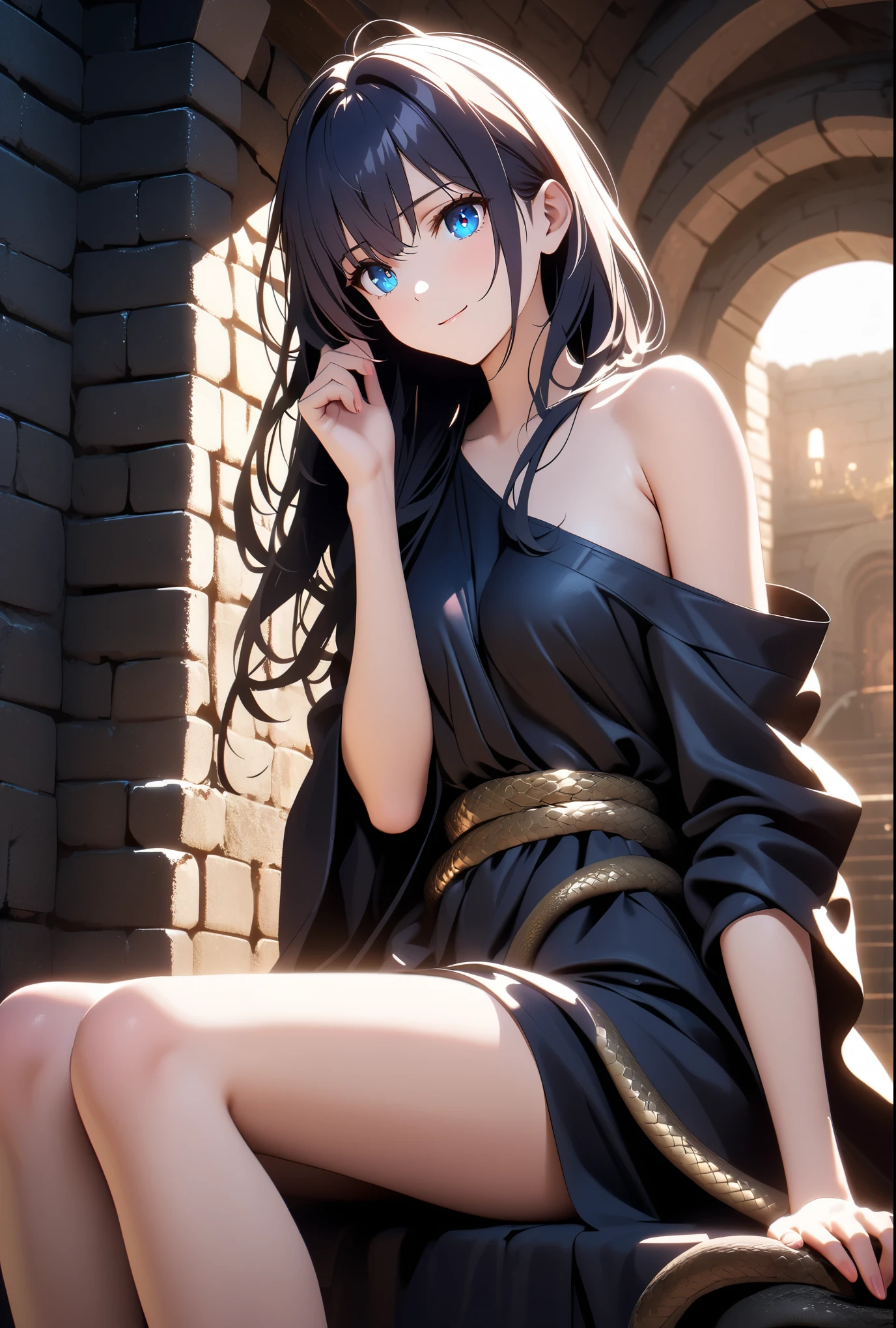 Top image quality,Top animation quality,best quality,cinematic feeling,Ray tracing,low angle,solo,close up,a woman,perfect female body,close mouth,light smile,(detailed messy hair,detailed eyes),(One hand touches the hair),Loose Greek robe with gold edges,Bare one shoulder,The lower body is sitting in a group of snakes,(The python is around),sexy,(dungeon background),Stone walls,dark feeling