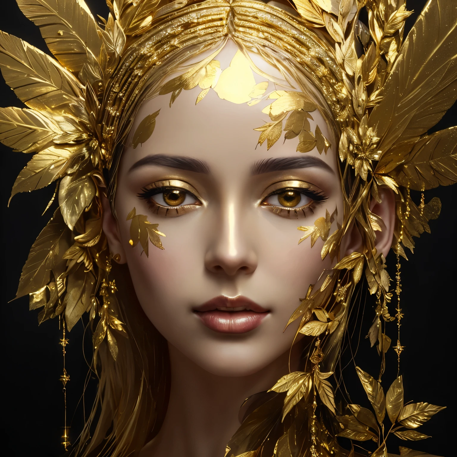 a close up of a woman with gold paint on her face, gold leaf art, gilded with gold, draped in gold, touches of gold leaf, gold wings on head, touch of gold leaf, wadim kashin. ultra realistic, draped in shiny golden oil, gold leaf painting, gold leaves, gold leaf, ray swanland, adrian borda
