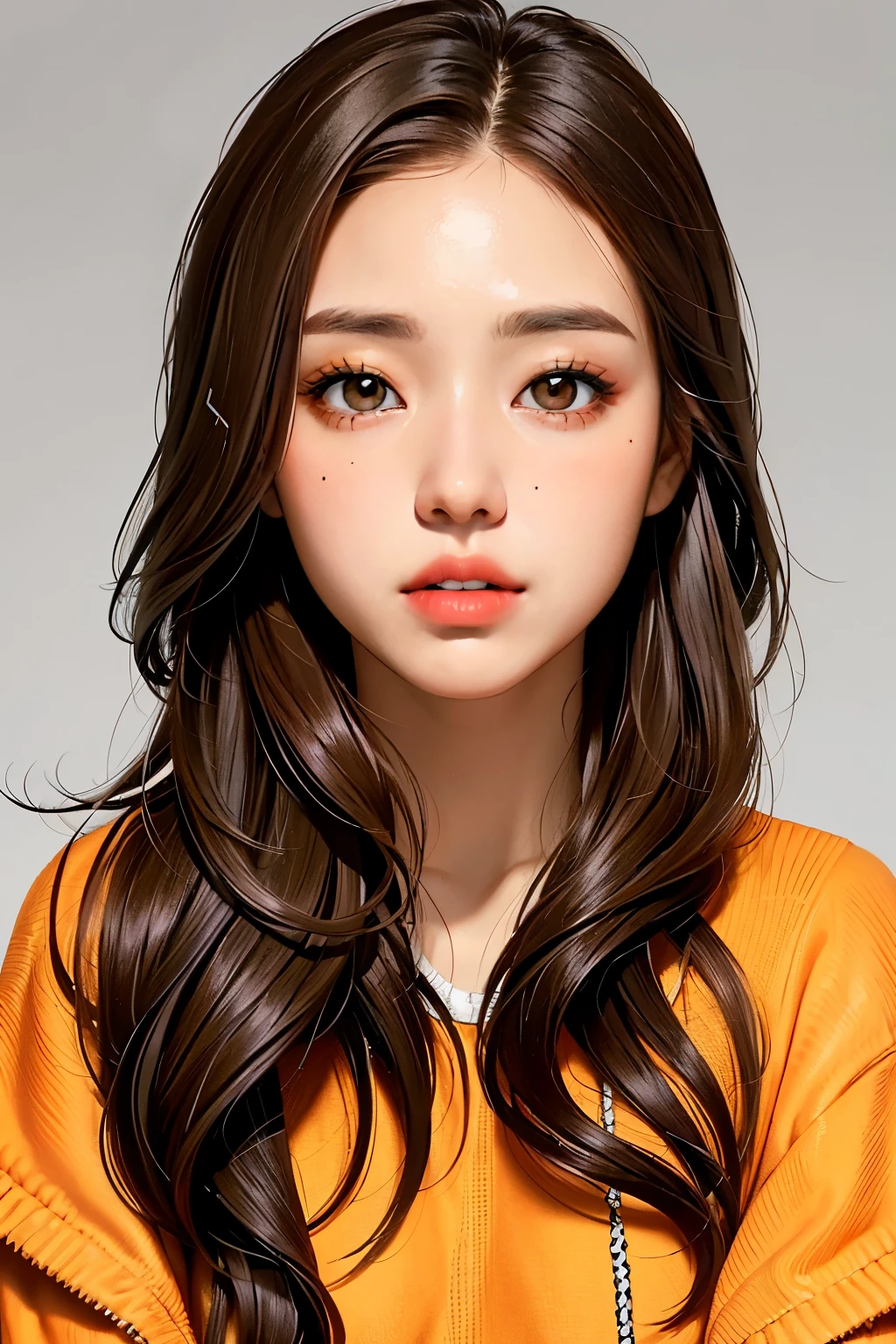 Girl, long brown hair, Gray eyes, cold features, white skin, orange lips, sweater, jacket