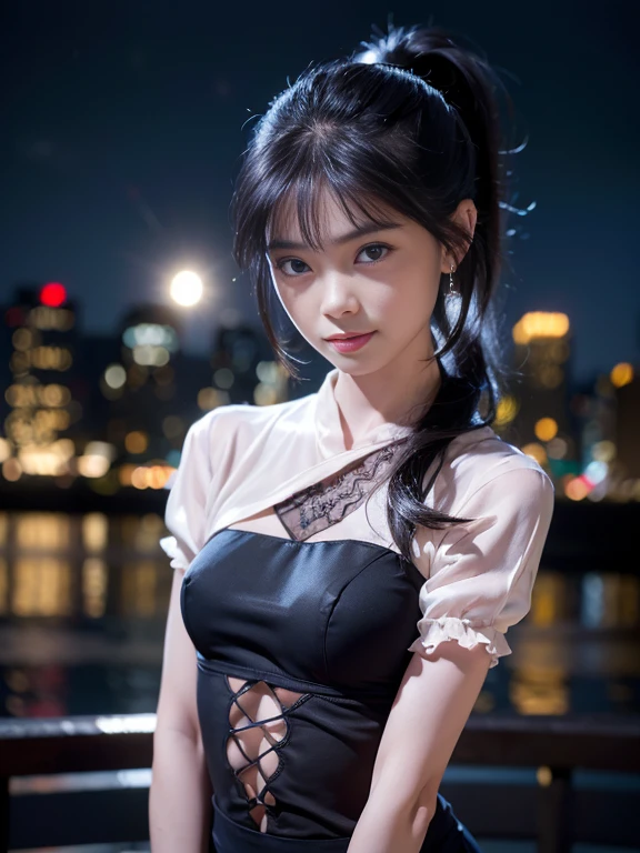 8k, masterpiece, RAW photo, best quality, photorealistic, extremely detailed CG unity 8k wallpaper, Depth of field, Cinematic Light, Lens Flare, Ray tracing, (extremely beautiful face, beautiful lips, beautiful eyes), intricate detail face, ((ultra detailed skin)) 1girl, in the dark, deep shadow, pretty asian girl, asian idol,(very slim slender fit-muscled body), ((looking at viewer)),(smile), (fashion city night, (small breasts), (blurry background), midnight, (vacant city), (without people in the background), pretty korean girl, white diamond earrings, dia bracelets, dia necklace, clear eyes, shot, (pale skin), face forward, (big eyes), ((close up shot)), (ponytail) (looking at viewer), small breasts,((smile)), (see through), ((laced top)), ( very slim), (silk shirts)