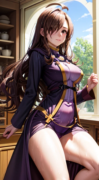 masterpiece,best quality,high resolution,8k,perfect face,perfect body,full body,,1woman,(realistic:1.3),pale skin,(fighter:1.3),(dark brown long straight hair:1.2),ahoge,seductive smile,(large breasts:1.3),(large ass:1.3),(small pink nipples:1.3),purple wizard and long purple dress:1.2),(clothed:1.8),(clothed:1.8),(clothed breasts:1.8),(erect nipples:1.2),(cameltoe:1.1),(sweat:1.3),(hair above one eye:),(This Subaru:1.3),Inside the apartment,