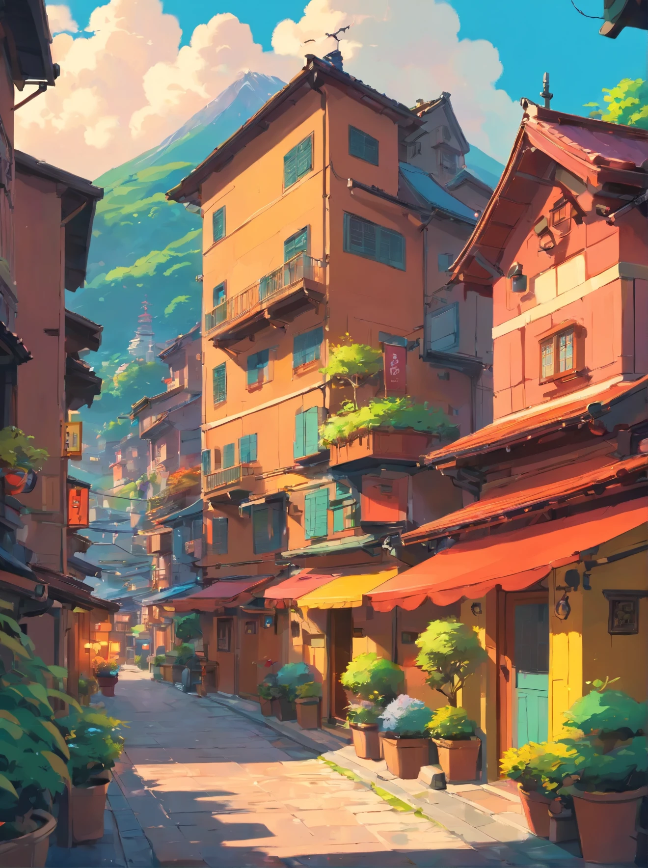 colorful buildings in a city with a mountain in the background, pintura digital concept art, Atey Ghailan 8K, matte pintura digital, pintura digital. Octane rendering, pintura digital 4k, pouco detalhado. pintura digital, colorful pintura digital, 8k pintura digital, painterly concept art, 4k pintura digital, 4 k pintura digital, vibrant pintura digital