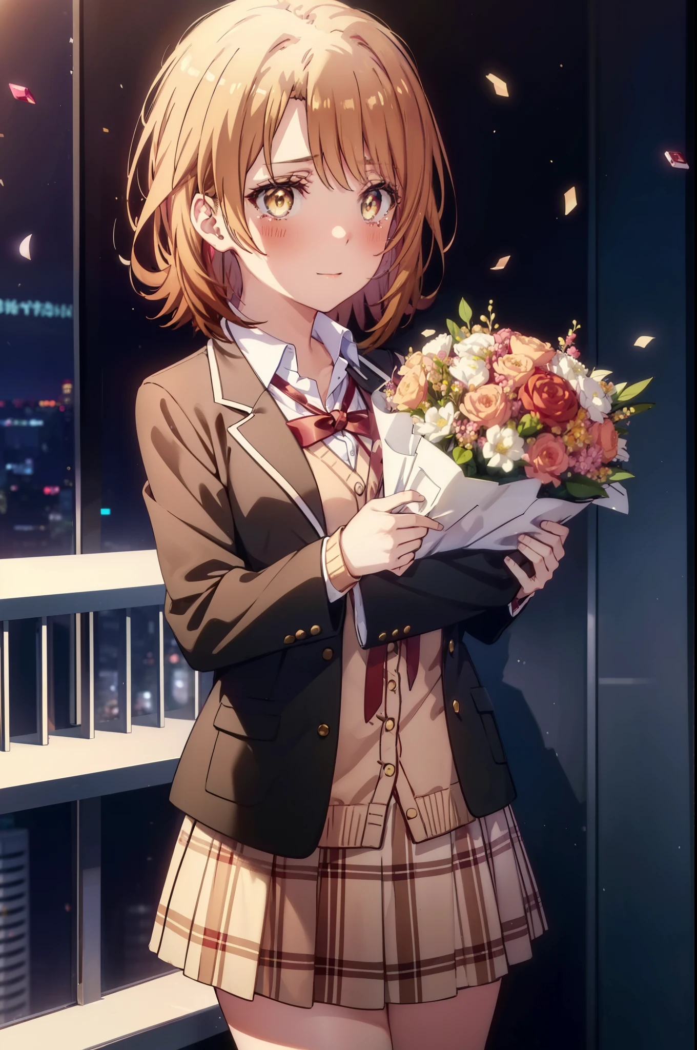 irohaisshiki, Isshiki Iroha, short hair, light brown hair, (Brown ruby eyes:1.5), smile,blush,Tears running down her face,Tears of joy、I cry a lot、break skirt, shirt, ribbon, , Jacket, white shirt, open clothes, socks, open Jacket, black Jacket, plaid, knee high, plaid skirt, blazer, cardigan, black socks, pink cardigan,holding a bouquet of flowers in both hands ,birthday,A birthday cake is on the table,sitting in a chair,confetti,
break indoors,classroom ,
break looking at viewer,(cowboy shot:1. 3)
break (masterpiece:1.2), highest quality, High resolution, unity 8k wallpaper, (shape:0.8), (beautiful and detailed eyes:1.6), highly detailed face, perfect lighting, Very detailed CG, (perfect hands, perfect anatomy),